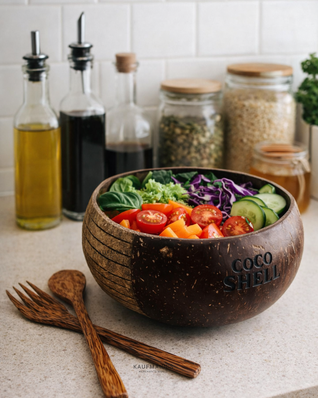 Coconut shell bowl with salad on a kitchen counter, surrounded by cooking ingredients.