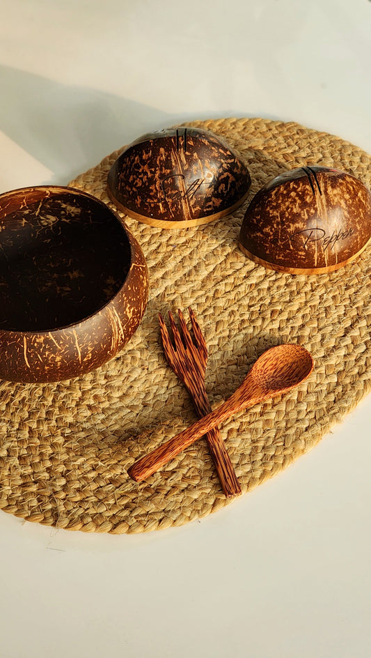 Coconut shell bowl with cutlery and salt and pepper shakers.