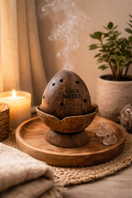 Coconut shell dhoop stand emitting incense smoke placed on a wooden tray with a candle and green plant in the background creating a natural calm setting.
