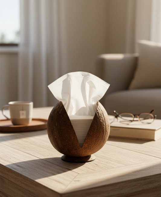 Coconut shell tissue holder with white tissues placed on a wooden table in a bright room, showcasing a natural eco-friendly and aesthetic home decor item.
