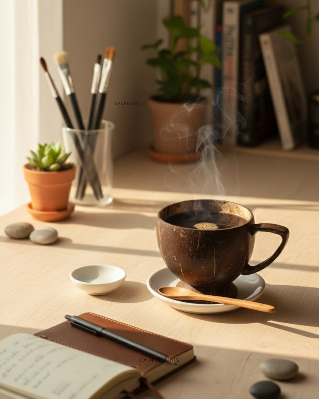 Steaming coconut cup of coffee on a wooden table with books and plants in the background