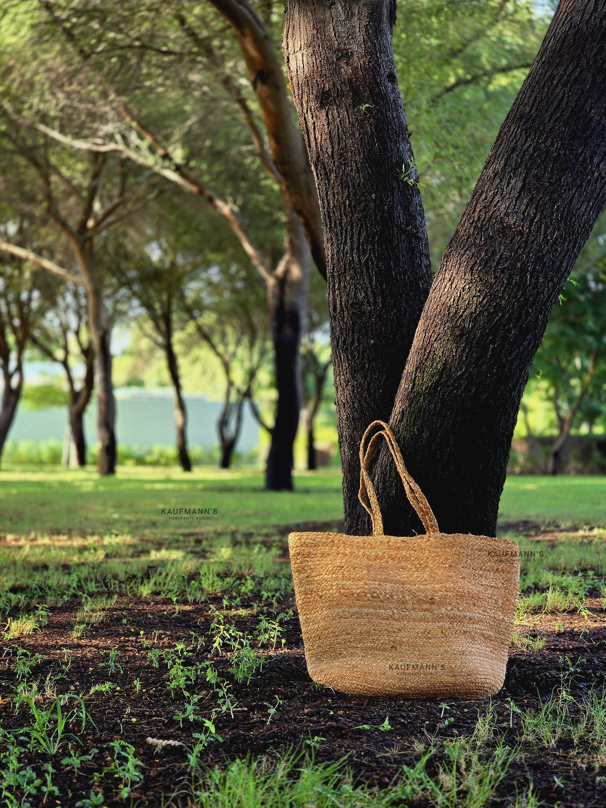 A beige coir tote bag hanging on a tree branch in a natural outdoor setting.