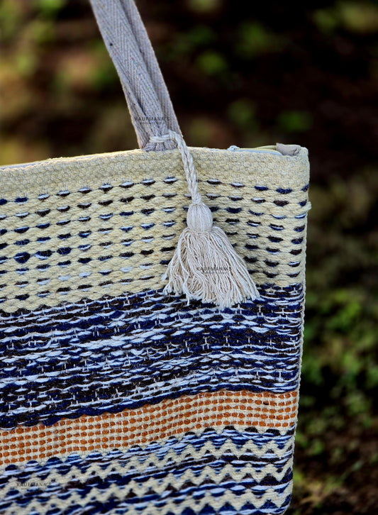 Image shows very close up detail of our jute bag