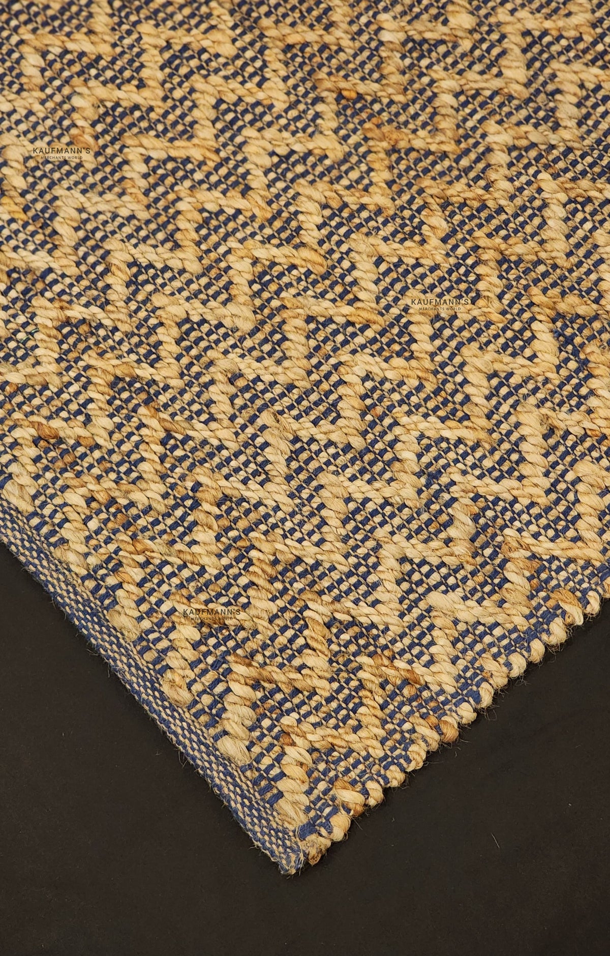 A jute rug with a geometric pattern beige colors, showcasing a textured design. featuring a combination of blue and 