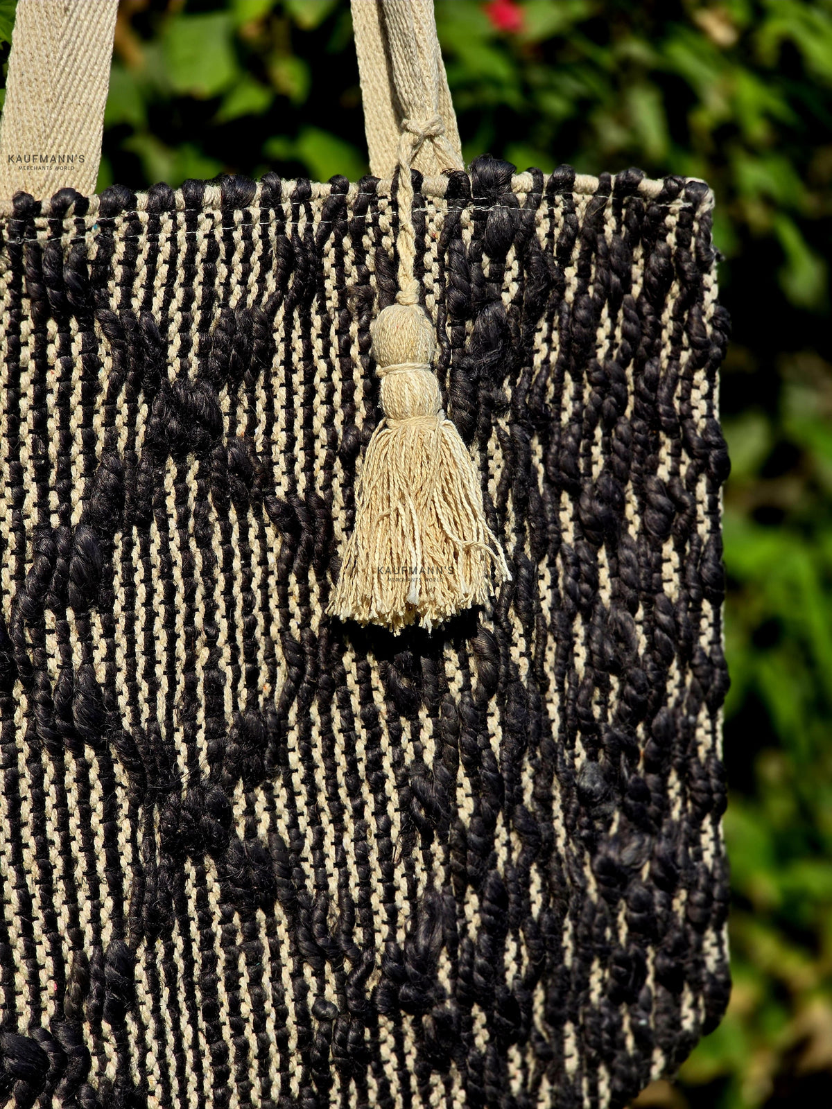 Image shows tiny details of jute tote bag
