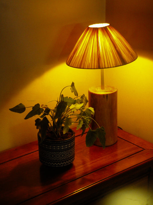 Raffia Wooden Table Lampshade with pleated shade on a wooden surface next to a potted plant, against a yellow wall.