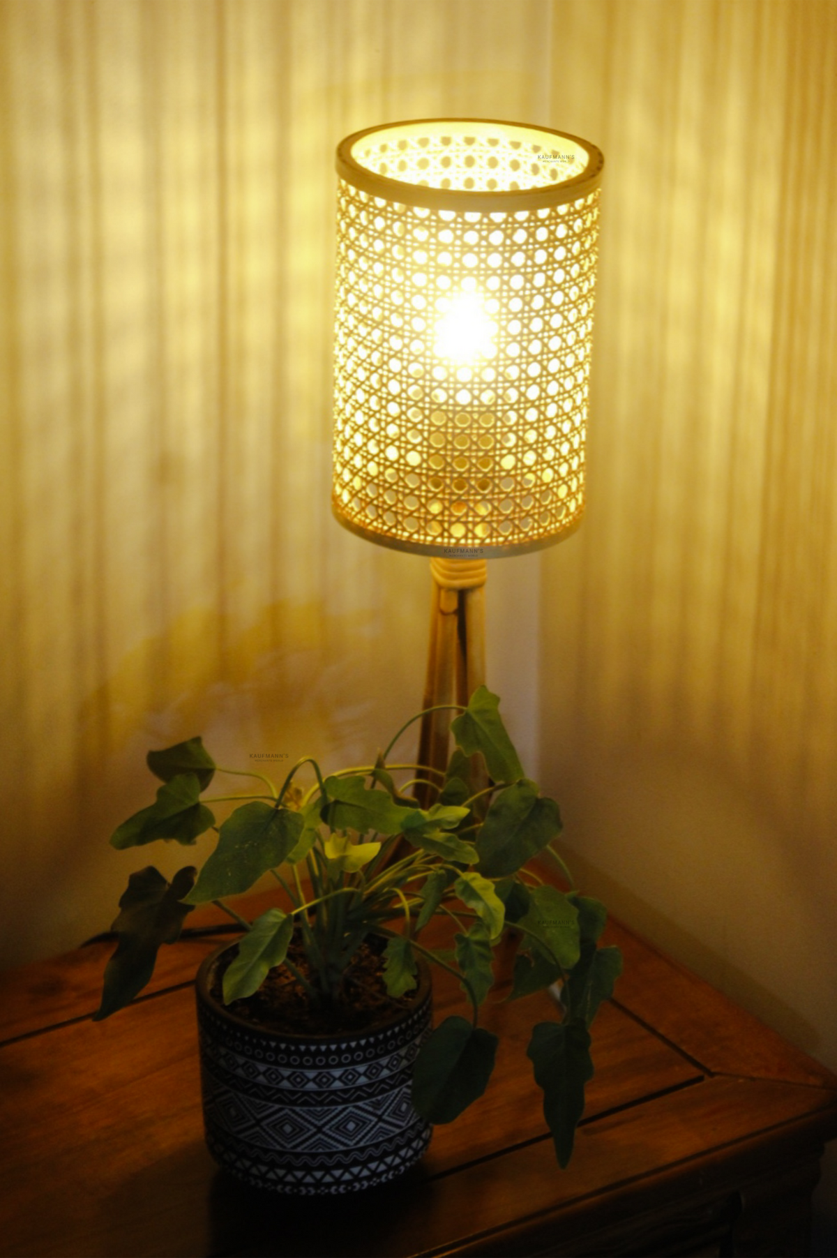 Ratan Table lampshade on a wooden table with a plant underneath.