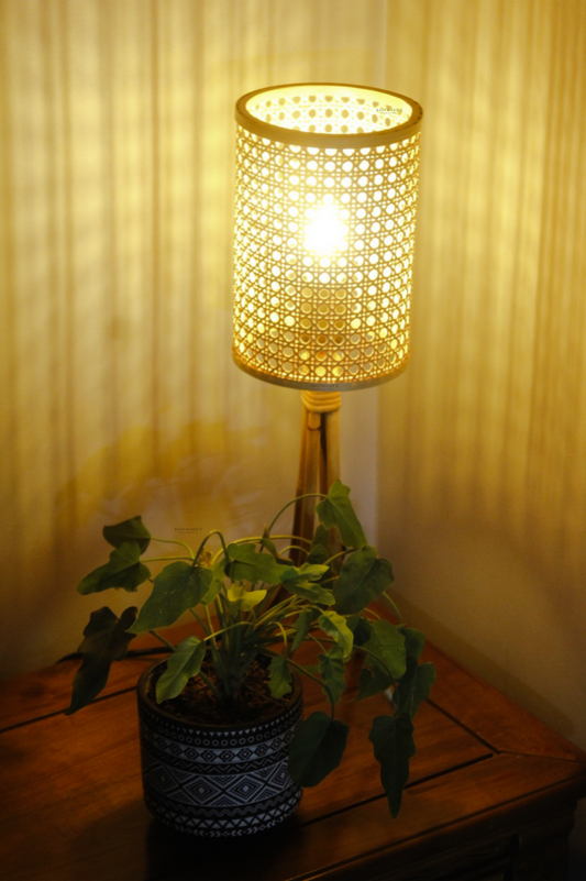 Ratan Table lampshade on a wooden table with a plant underneath.