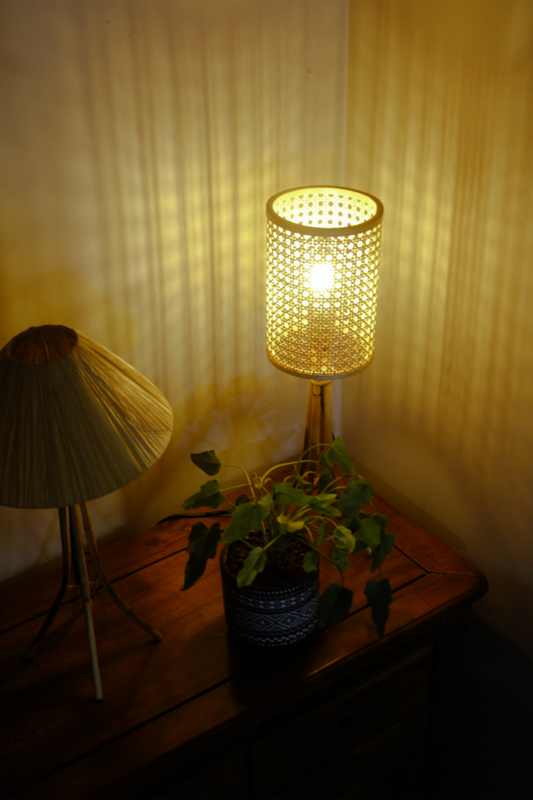 Ratan Table Lamp with woven shade on a wooden table next to a plant, against a textured wall.