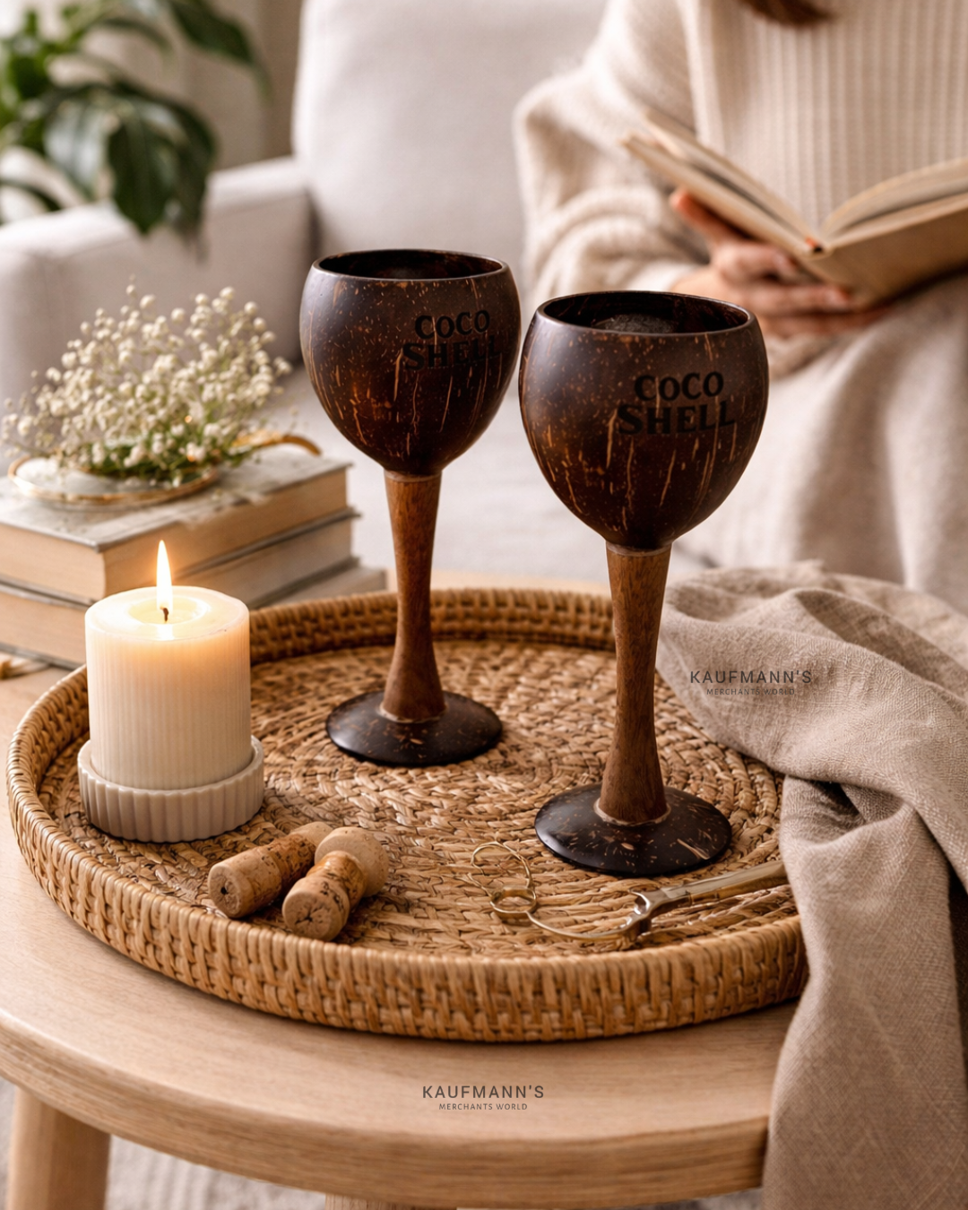 Two coconut shell wine glasses on a woven tray with a candle and books in the background.