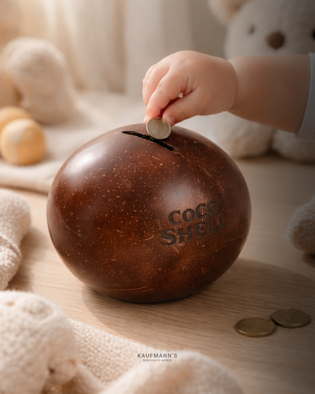 Coconut shell piggy bank with a child's hand inserting a coin, surrounded by soft toys.