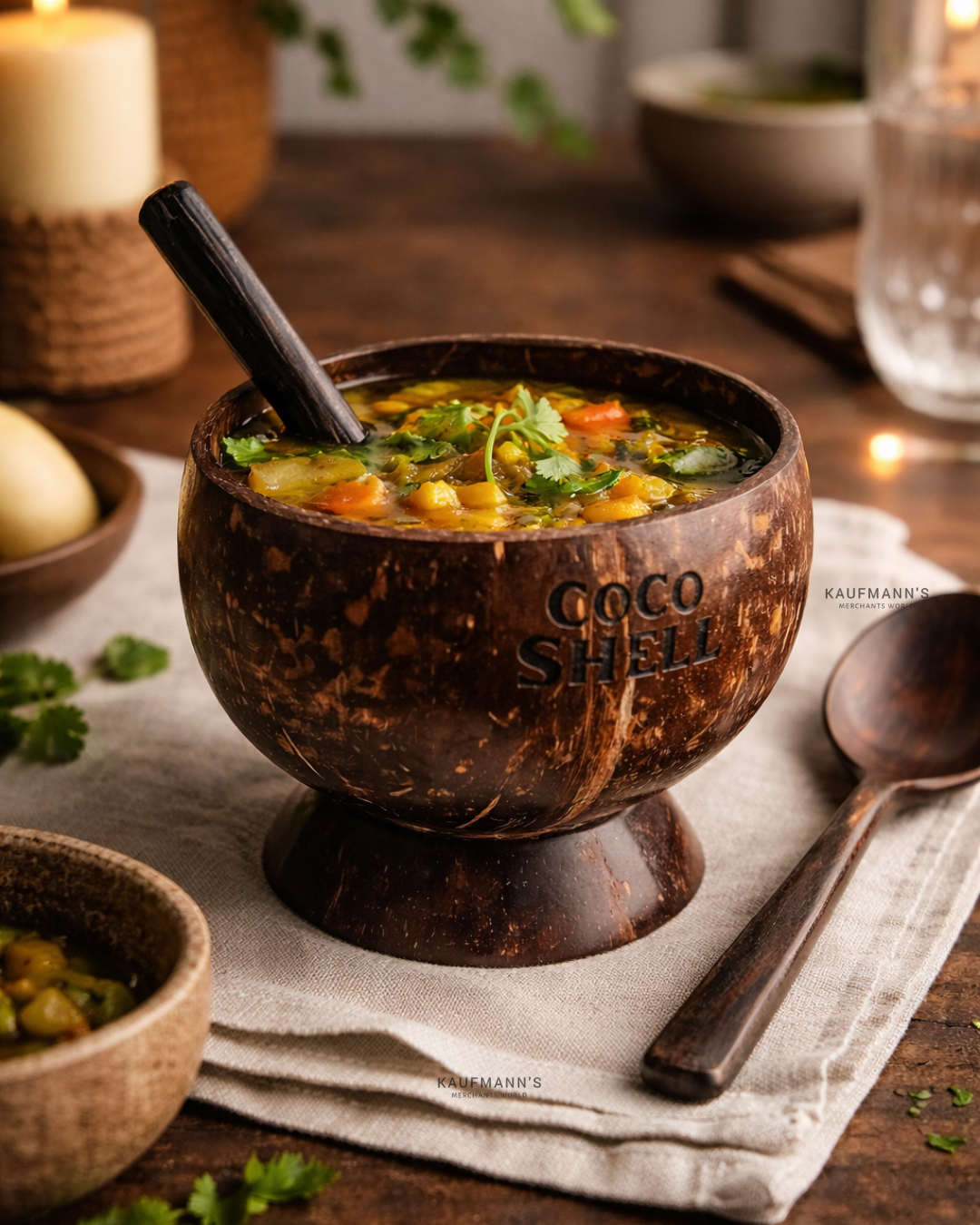 Coconut shell bowl filled with soup placed on a tray with a spoon and cloth beside it, with candle and green plants in the background creating a natural aesthetic setting.
