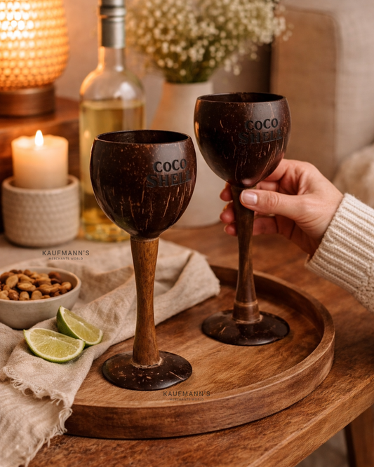 Two coconut wine glasses on a wooden tray with a candle and bottle in the background.